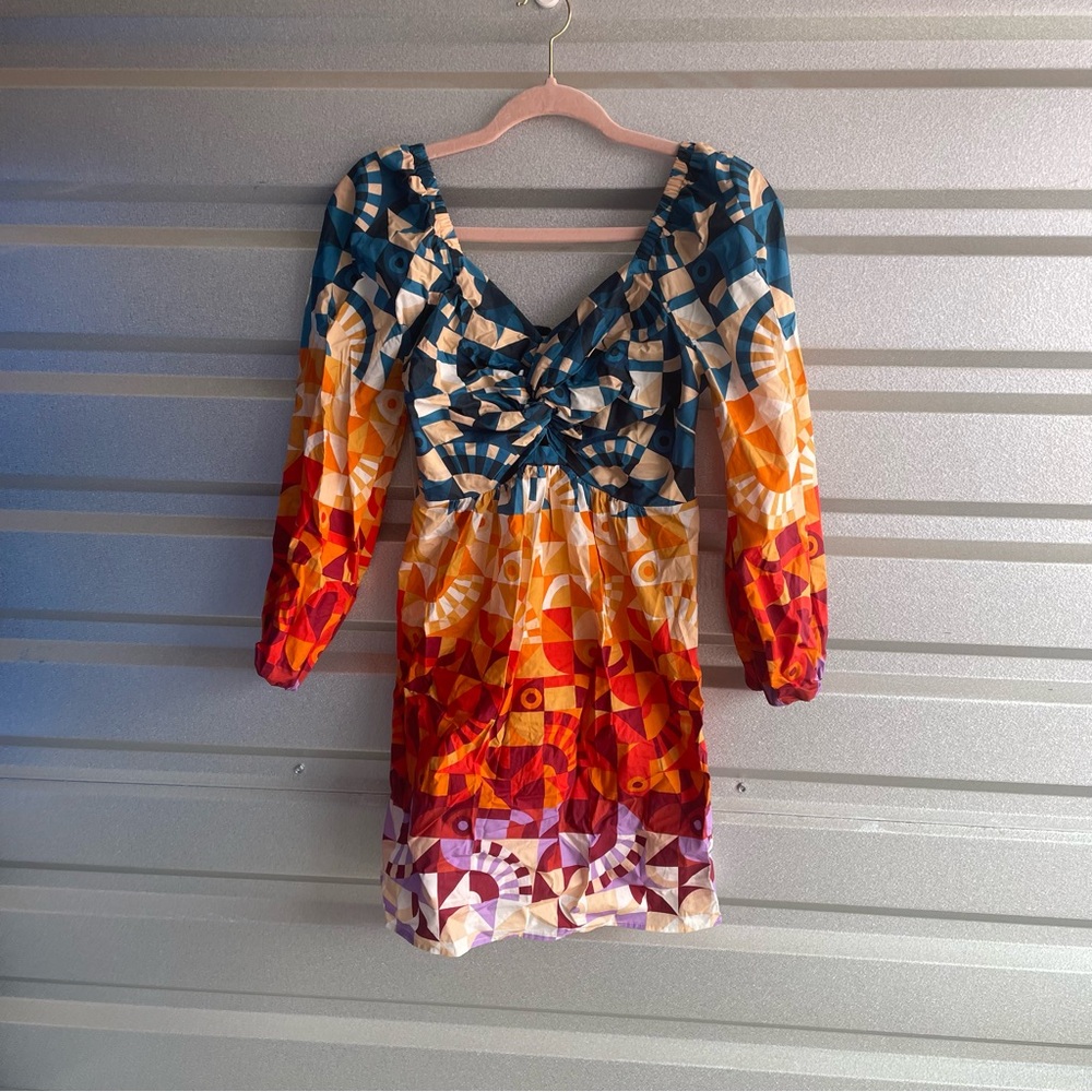 Farm Rio NWT Long-Sleeve Printed Babydoll Mini Dress